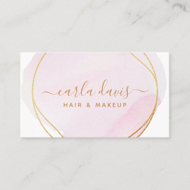 Signature Script Blush Pink Watercolor Gold Circle Business Card (front side)