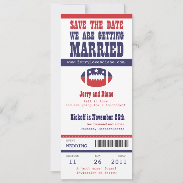 Blue and Red Football Ticket Wedding Save the Date