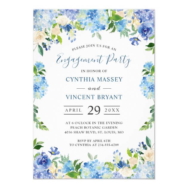 Pale Blue Hydrangeas Floral Engagement Party Card