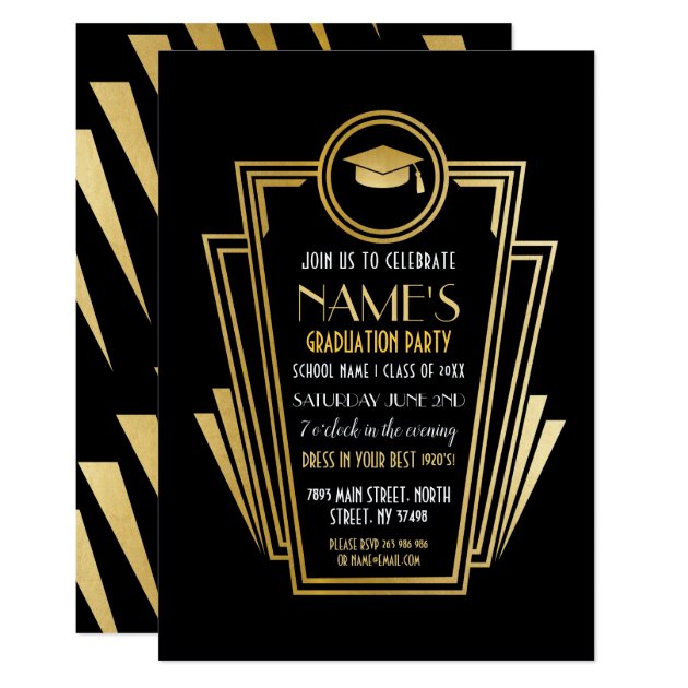 1920s Art Deco Graduation Party Gold Invite Gatsby