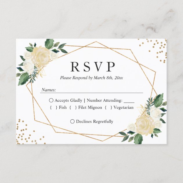 Gold Frame Green Ivory Floral Wedding RSVP Reply
