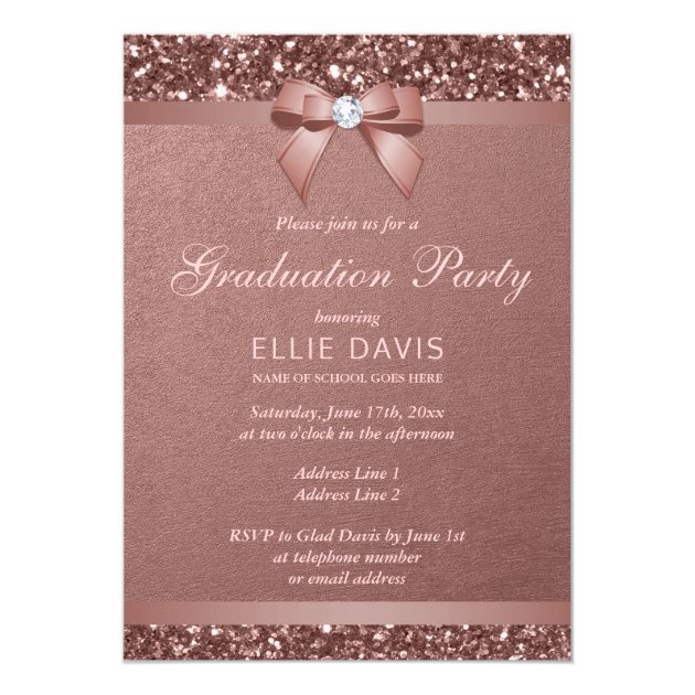 Rose Gold Blush Glitter Bow Graduation Party Invitation