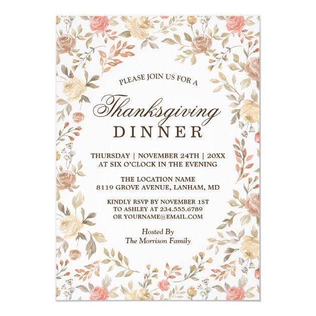 Thanksgiving Dinner - Coral Beige Floral Wreath Invitation
