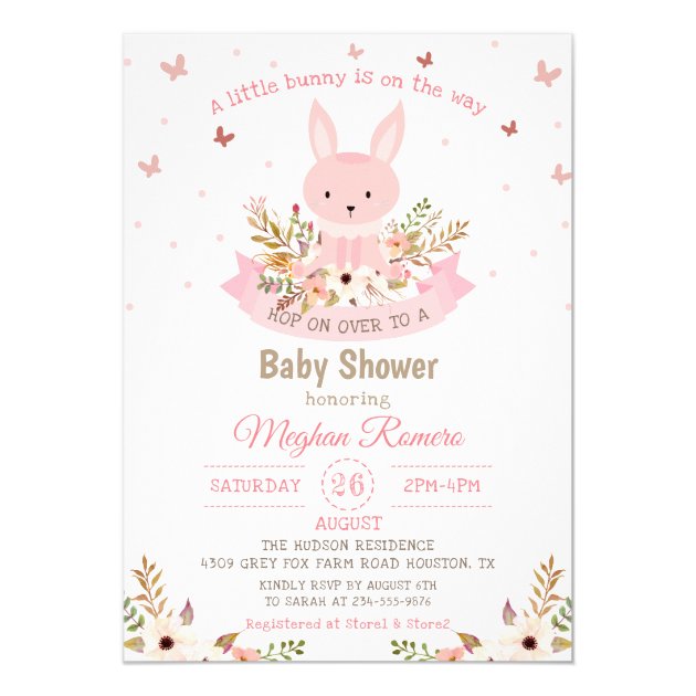 Adorable Pink Bunny With Flowers Baby Shower Invitation