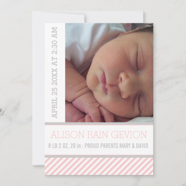 Elegant Pink, Grey Striped Baby Girl Birth Announcement