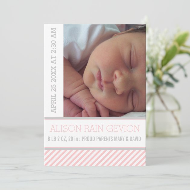 Elegant Pink, Grey Striped Baby Girl Birth Announcement