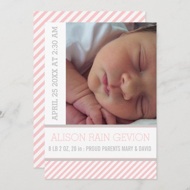 Elegant Pink, Grey Striped Baby Girl Birth Announcement