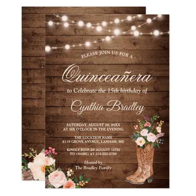 Rustic Boots Cowgirl Quinceañera 15th Birthday Invitation