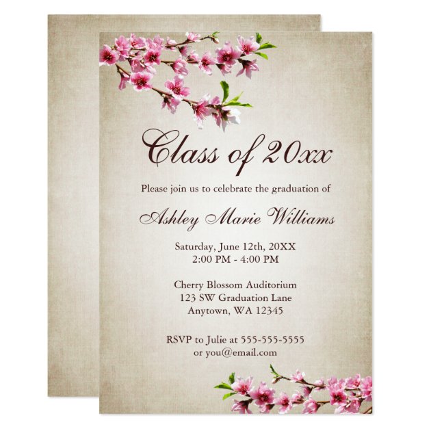 Cherry Blossoms Vintage Tan Graduation Invitation