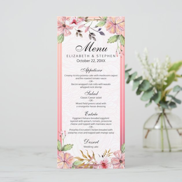 Lovely Pink Vintage Watercolor Floral Wedding Menu