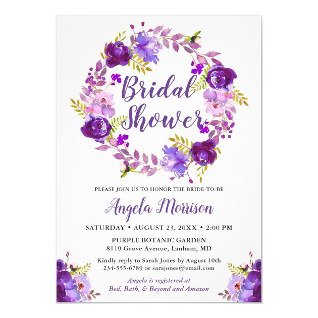 Ultra Violet Purple Floral Wreath Bridal Shower Invitation