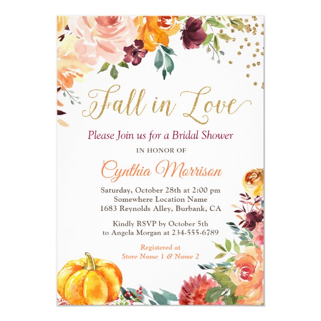 Fall In Love Floral Pumpkin Autumn Bridal Shower Invitation
