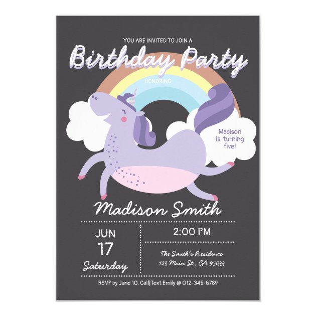 Cute Rainbow Unicorn Birthday Party Invitation
