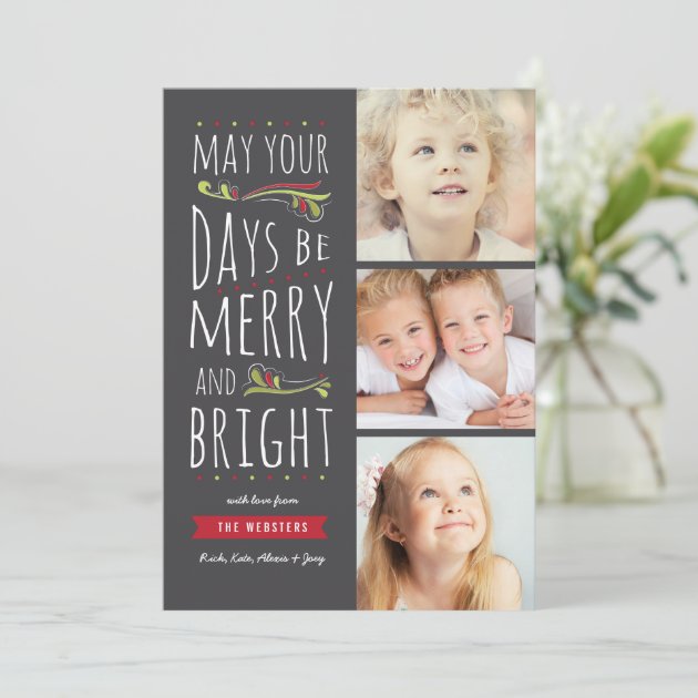 Fanciful Merry & Bright 3 Photo Christmas Card