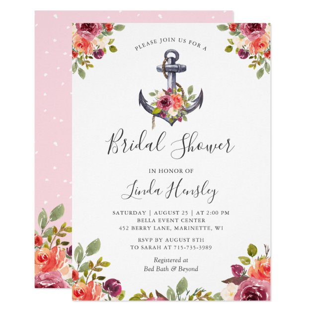 Girly Nautical Anchor Floral Bridal Shower Card