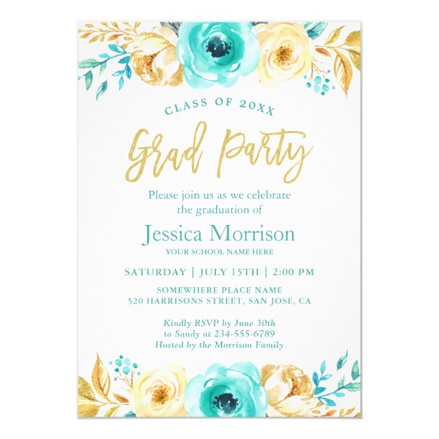 Modern Gold Floral Girly Graduation Party Photo Card