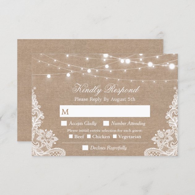 Rustic String Lights Burlap Lace Menu Choice RSVP