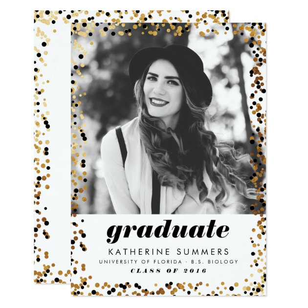 Modern Gold Confetti Photo Graduation Invitations