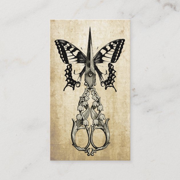 Hair Stylist Elegant Butterfly & Scissor Vintage Business Card (front side)