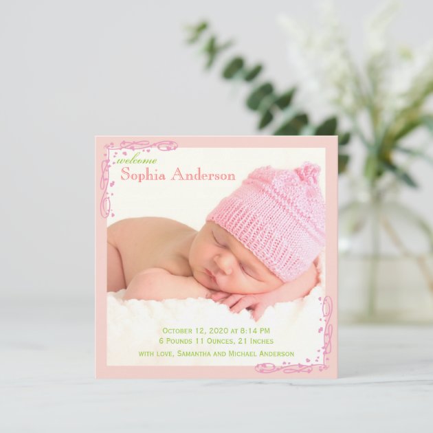 Soft Pink Swirl Baby Girl Photo Birth Announcement