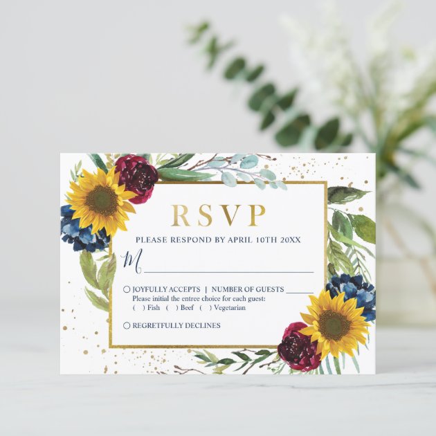 Greenery Sunflower Floral Gold Glitter Wedding RSVP Card