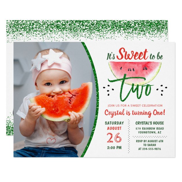 Two Sweet Glitter Watermelon Second Birthday Photo Invitation