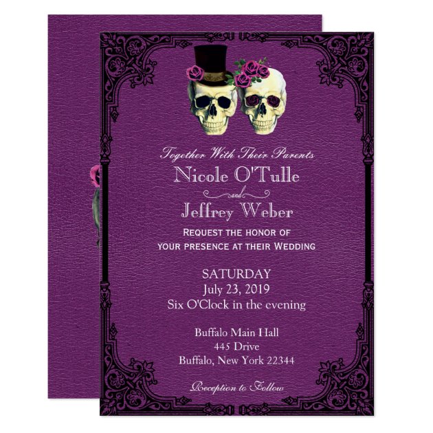 Purple Leather Goth Skull Wedding Invitation (front side)