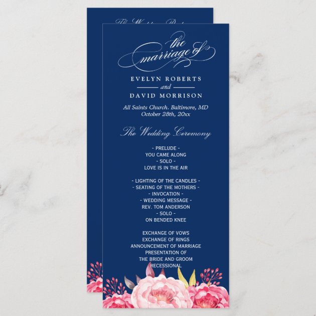 Navy Blue Pink Floral Wedding Program Template