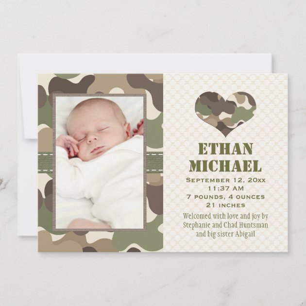 Camouflage Heart Baby Photo Birth Announcement