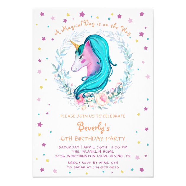 Magical Unicorn Watercolor Floral Birthday Invitation