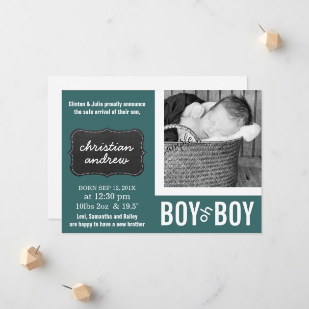Mod Green And Chalkboard New Baby Birth Announcement