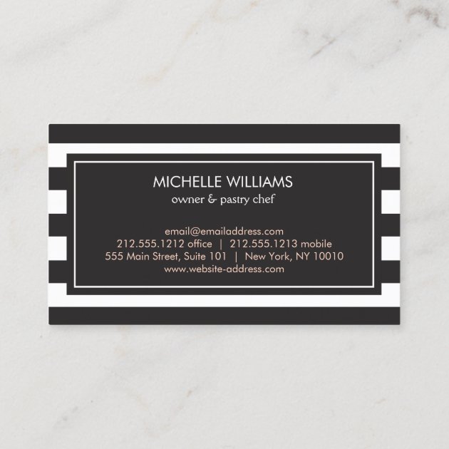 Luxe Striped Rose Gold Whisk Spoon Logo Bakery Business Card (back side)