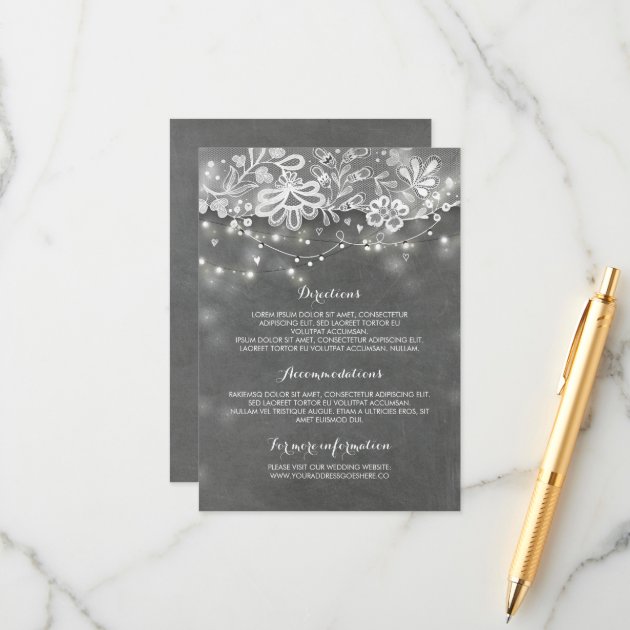 Chalkboard Lace And String Lights Wedding Details Enclosure Card