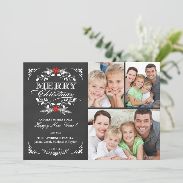 Elegant Holly Chalkboard Christmas 3-Photo Collage Holiday Card