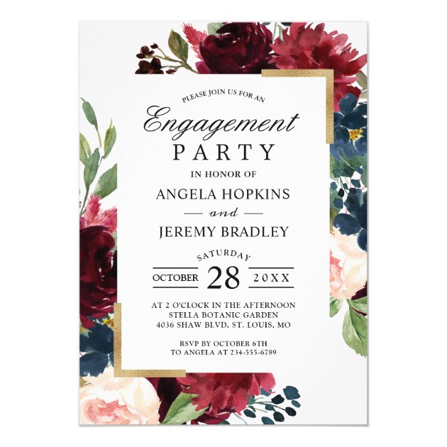 Burgundy Blush Floral Blue Gold Engagement Party Invitation