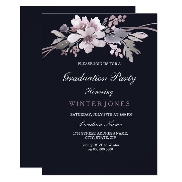 Elegant Navy Blue Winter Floral Graduation Invite
