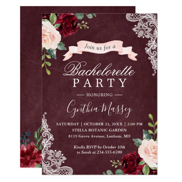 Burgundy Blush Floral Lace Bachelorette Party Invitation