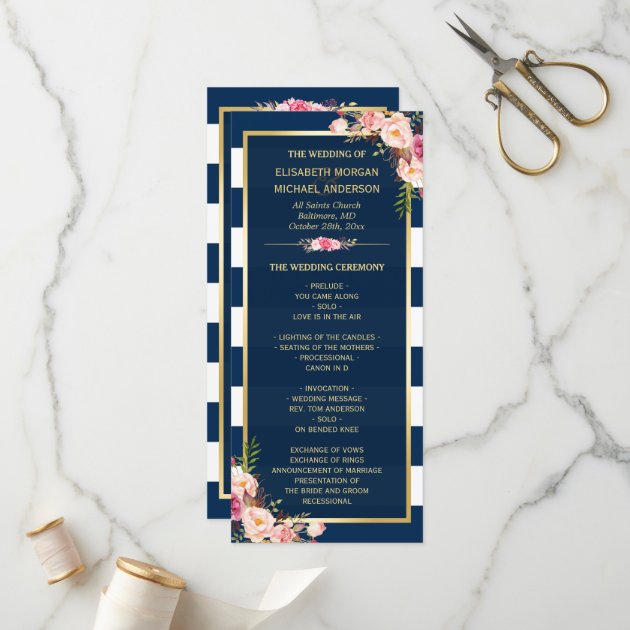 Vintage Floral Navy Blue Striped Wedding Program