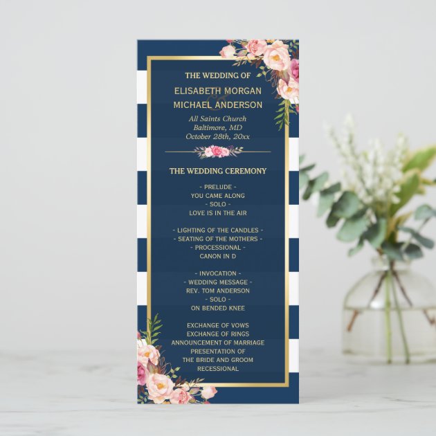 Vintage Floral Navy Blue Striped Wedding Program