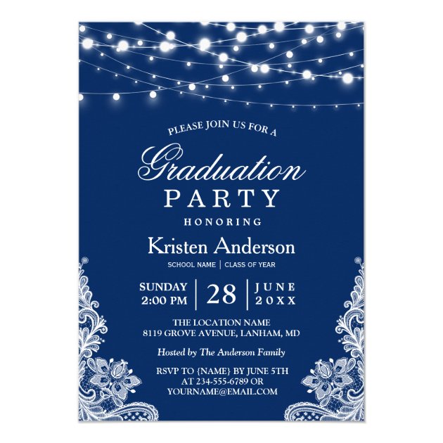 2018 Graduation Party String Lights Lace Navy Blue Invitation