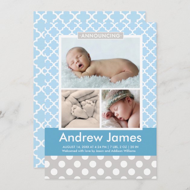 Boy Photo Birth Announcement Card | Modern Pattern