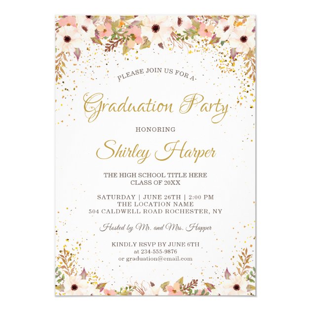 Elegant Floral Gold Confetti Pink Graduation Party Invitation