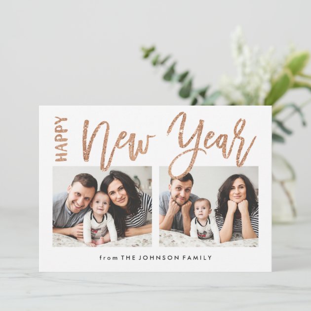 Brushed New Year Faux Gold Glitter 2 Photo Card