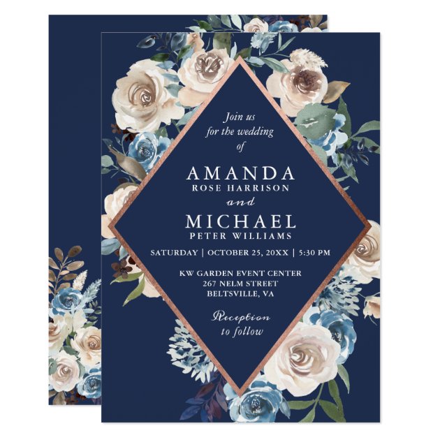 Navy Blue Rose Gold Neutral Floral Wedding Invitation
