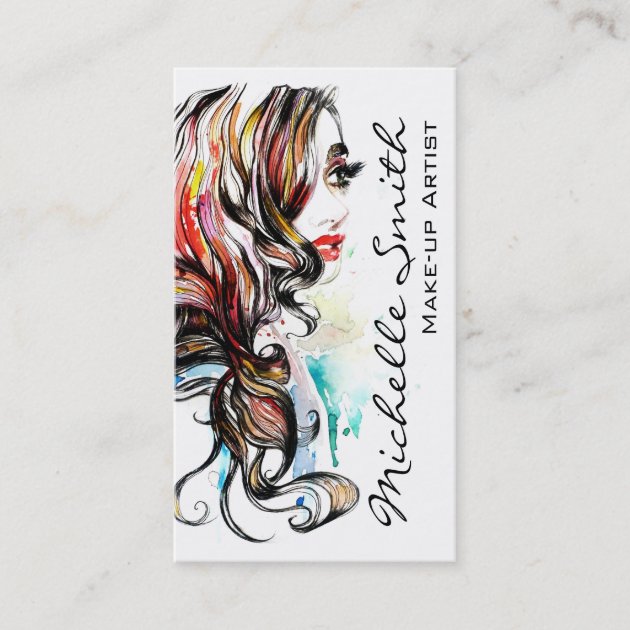 Abstract Watercolor ink colorful woman makeup Business Card (front side)