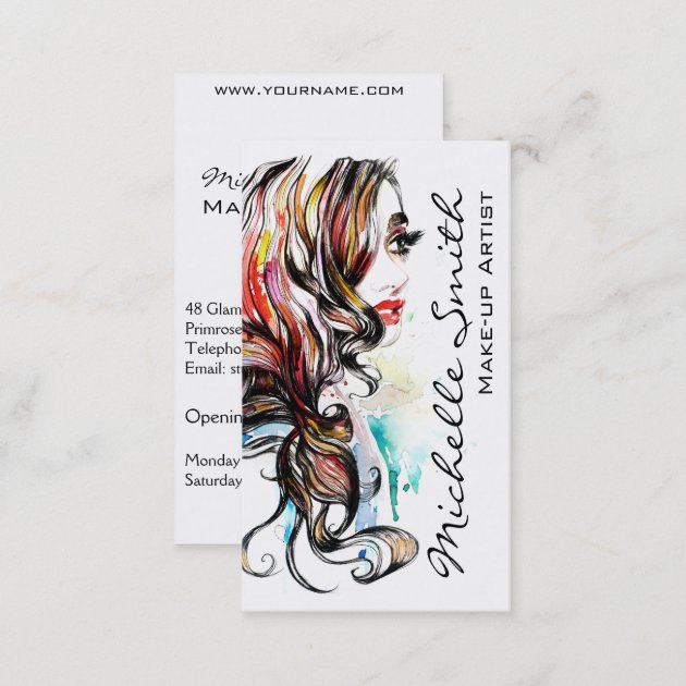 Abstract Watercolor ink colorful woman makeup Business Card (back side)