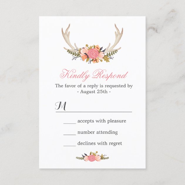 Floral Deer Antler Wedding RSVP Reply
