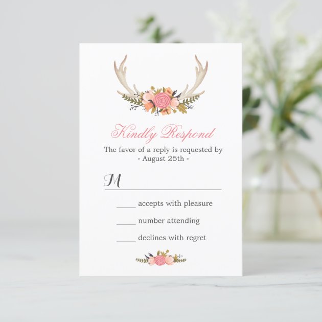 Floral Deer Antler Wedding RSVP Reply