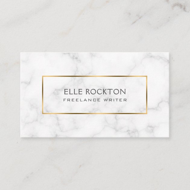 Minimalist White Marble Gold Frame Business Card (front side)