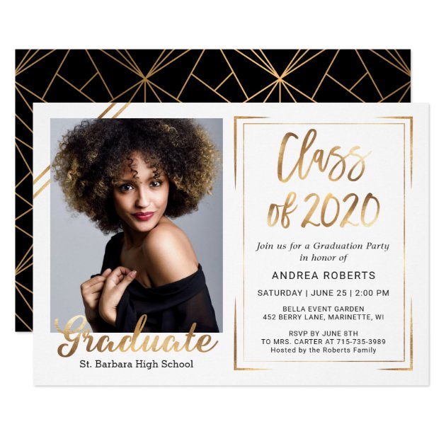 Black Gold White Class of 2020 Photo Graduation Invitation
